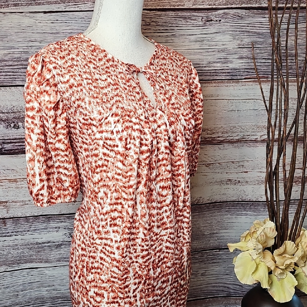 NEW SHEIN CURVE RED & TAN SHORT ELASTIC PUFF SLEEVE PULLOVER TOP BLOUSE